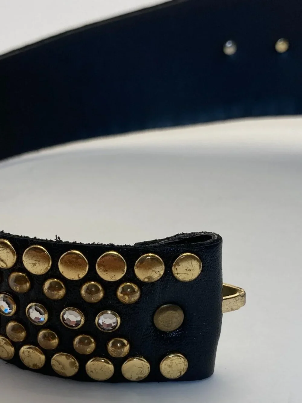 Kippys Vintage Western Belt Sz 34-37 Swarovski Crystal Black Leather Gold Studs